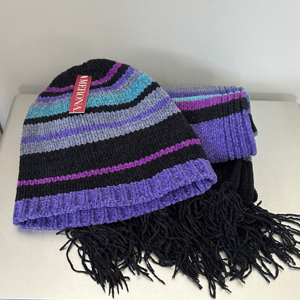Striped Black and Purple Beanie